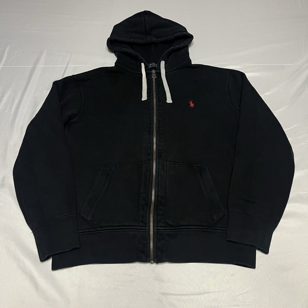 Polo Ralph Lauren Hoodie Mens L Black Full Zip Fleece Sweatshirt Red Pony